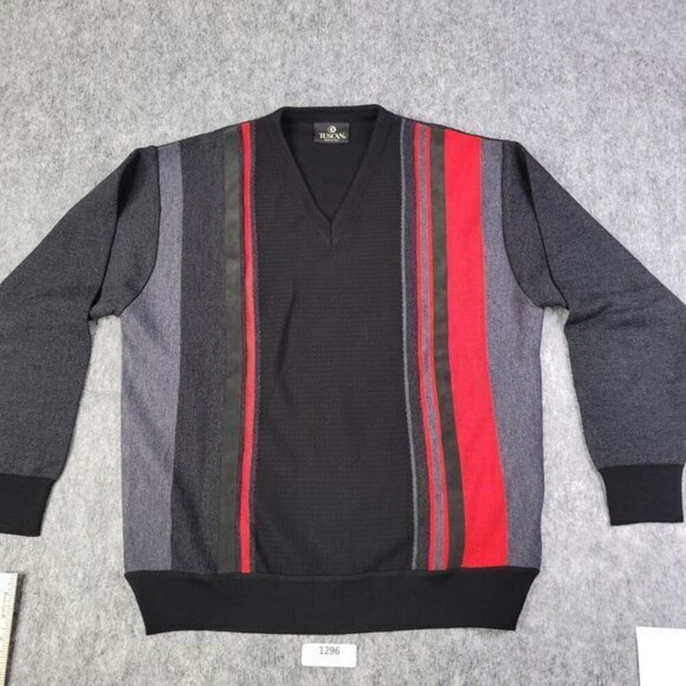 Tuscan Sweater Men L Merino Wool Blend Italy Black Red Gray Stripe V Neck Waffle